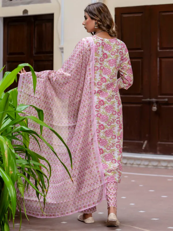 Floral_Printed_Pure_Cotton_V_Neck_Kurta_Trouser_And_Dupatta_Set