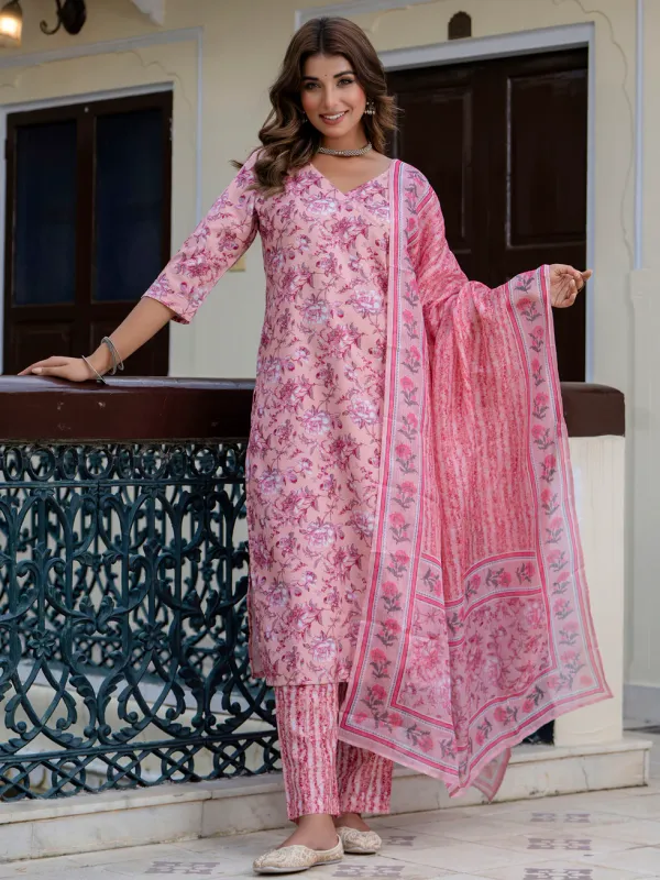 Floral_Printed_Pure_Cotton_V_Neck_Kurta_Trouser_And_Dupatta_Set