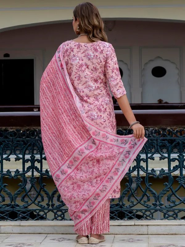 Floral_Printed_Pure_Cotton_V_Neck_Kurta_Trouser_And_Dupatta_Set