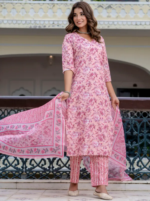 Floral_Printed_Pure_Cotton_V_Neck_Kurta_Trouser_And_Dupatta_Set