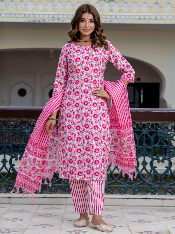 Floral_Printed_Pure_Cotton_Round_Neck_Kurta_Trouser_And_Dupatta_Set