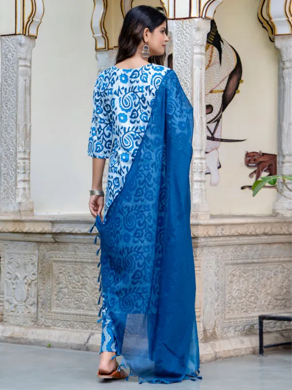 Floral_Printed_Pure_Cotton_V_Neck_Kurta_Trouser_And_Dupatta_Set