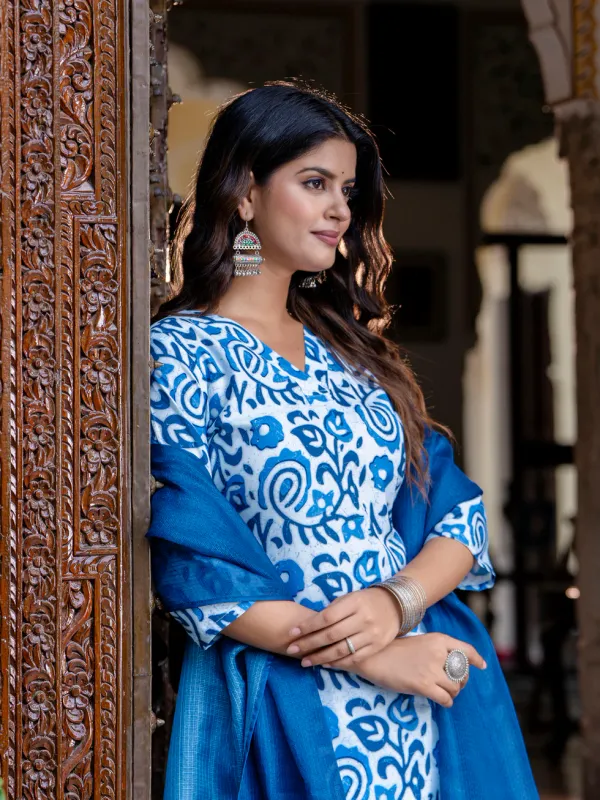 Floral_Printed_Pure_Cotton_V_Neck_Kurta_Trouser_And_Dupatta_Set