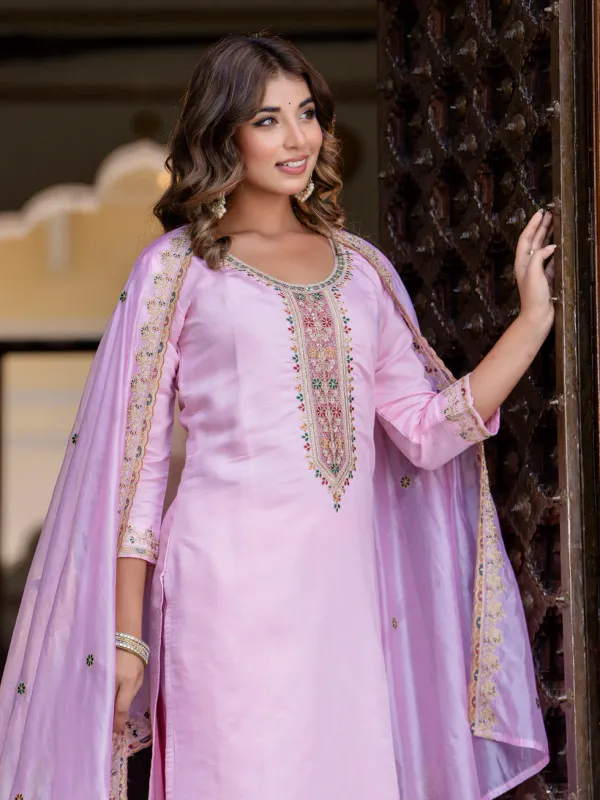 Floral_Embroidered_Silk_Round_Neck_Kurta_Trouser_&_Dupatta_Set