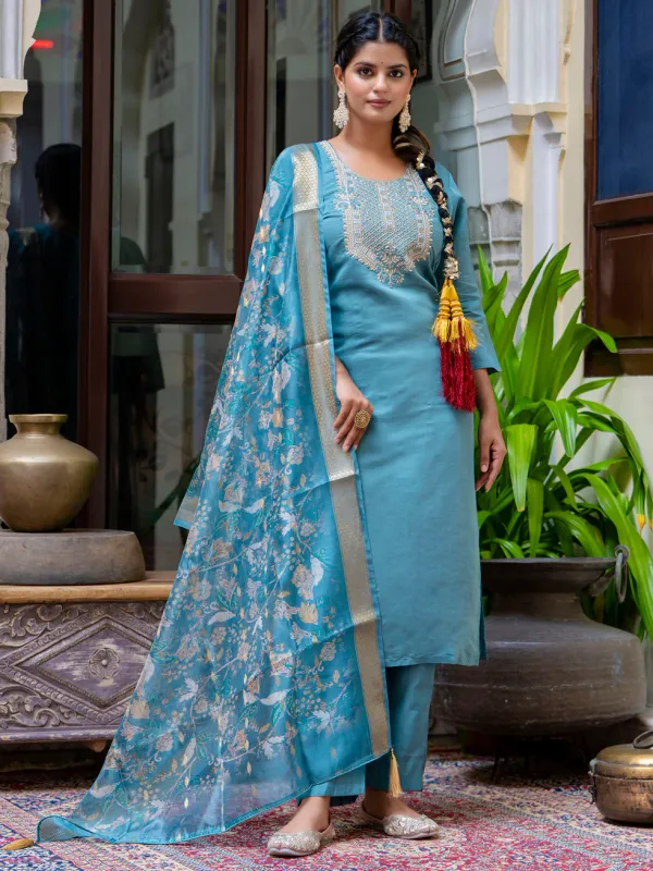 Floral_Embroidered_Silk_Round_Neck_Kurta_Trouser_&_Dupatta_Set