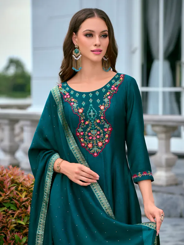 Floral_Embroidered_Silk_V_Neck_Kurta_Trouser_&_Dupatta_Set