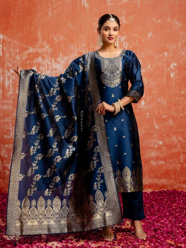 Teal_Cotton_Silk_Blend_Kurta_Set_with_Jacquard_Silk_Dupatta_for_Women