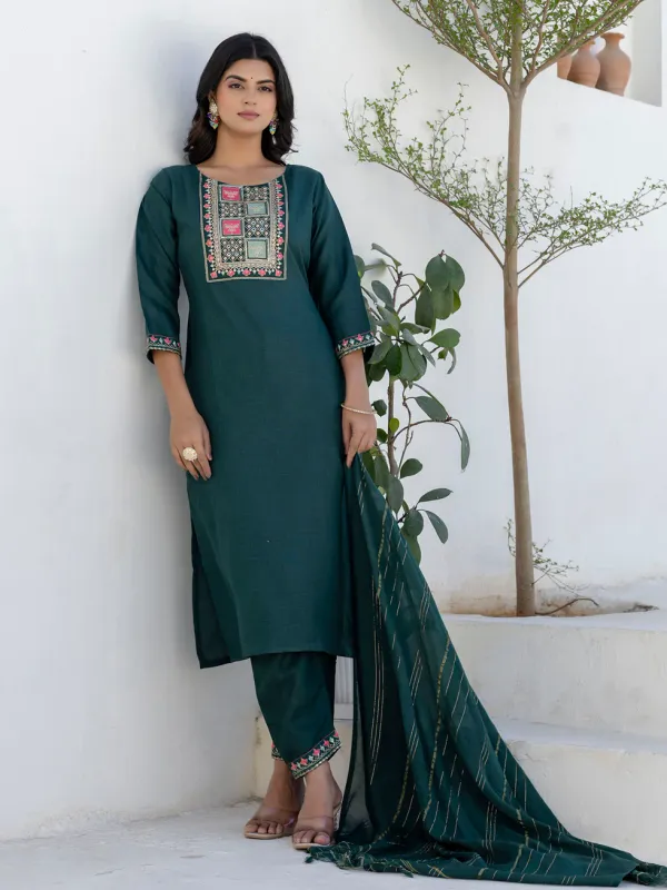 Floral_Embroidered_Pure_Cotton_Round_Neck_Kurta_Trouser_And_Dupatta_Set