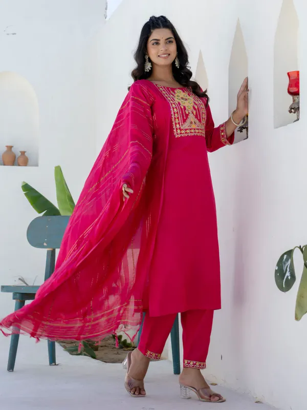 Floral_Embroidered_Pure_Cotton_Round_Neck_Kurta_Trouser_And_Dupatta_Set