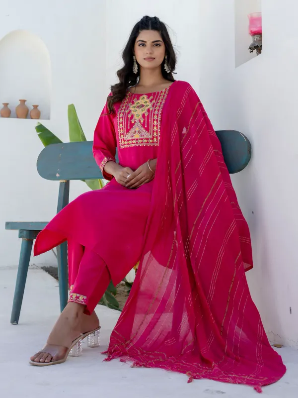 Floral_Embroidered_Pure_Cotton_Round_Neck_Kurta_Trouser_And_Dupatta_Set
