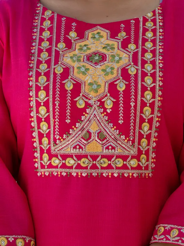 Floral_Embroidered_Pure_Cotton_Round_Neck_Kurta_Trouser_And_Dupatta_Set