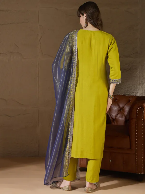 Floral_Embroidered_Silk_V_Neck_Kurta_Trouser_And_Dupatta_Set