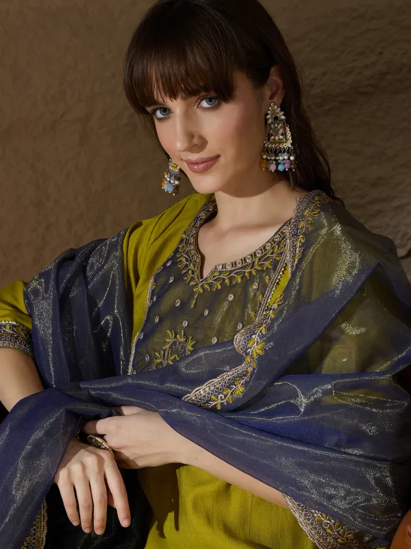 Floral_Embroidered_Silk_V_Neck_Kurta_Trouser_And_Dupatta_Set