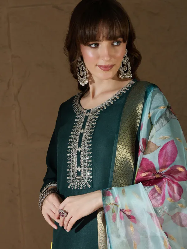 Floral_Embroidered_Pure_Cotton_Round_Neck_Kurta_Trouser_And_Dupatta_Set