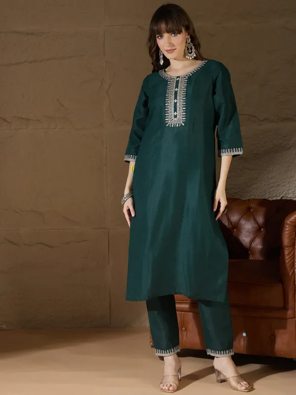 Floral_Embroidered_Pure_Cotton_Round_Neck_Kurta_Trouser_And_Dupatta_Set