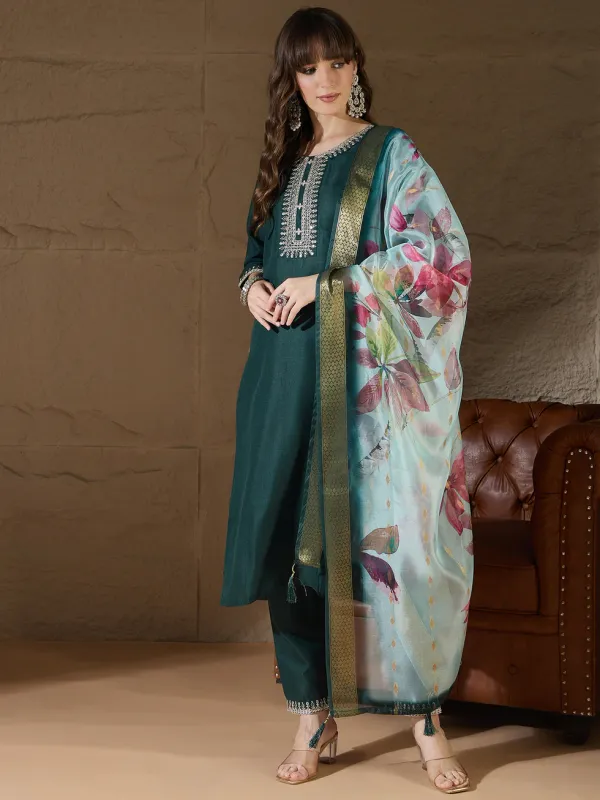 Floral_Embroidered_Pure_Cotton_Round_Neck_Kurta_Trouser_And_Dupatta_Set