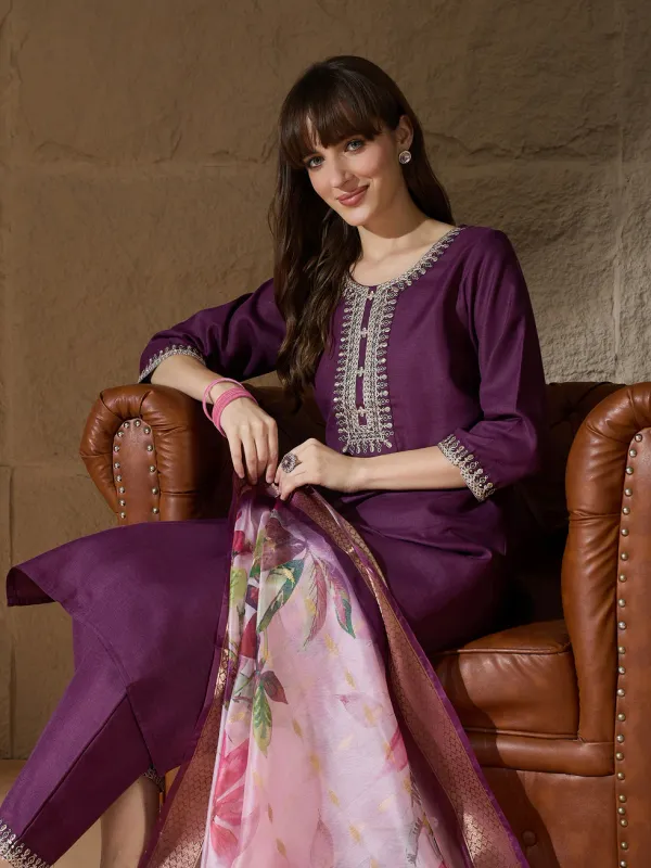 Floral_Embroidered_Pure_Cotton_Round_Neck_Kurta_Trouser_And_Dupatta_Set