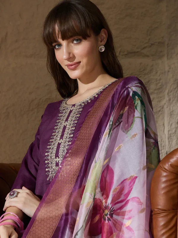 Floral_Embroidered_Pure_Cotton_Round_Neck_Kurta_Trouser_And_Dupatta_Set