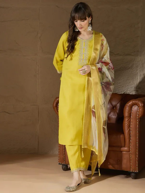 Floral_Embroidered_Pure_Cotton_Round_Neck_Kurta_Trouser_And_Dupatta_Set