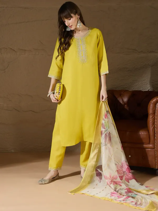 Floral_Embroidered_Pure_Cotton_Round_Neck_Kurta_Trouser_And_Dupatta_Set