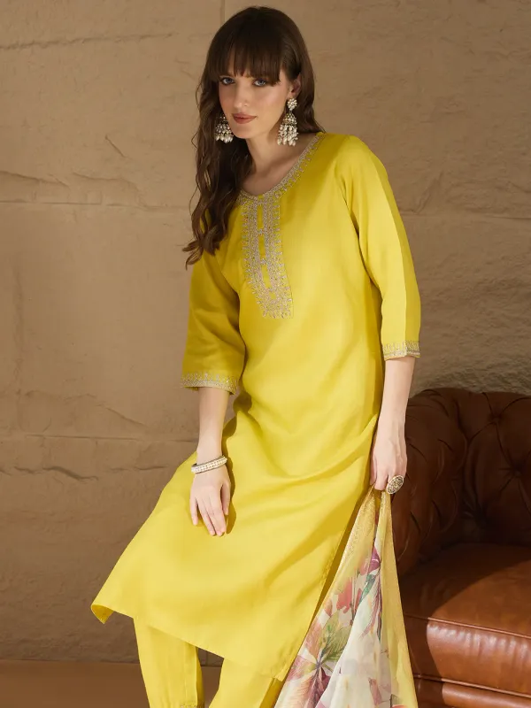Floral_Embroidered_Pure_Cotton_Round_Neck_Kurta_Trouser_And_Dupatta_Set