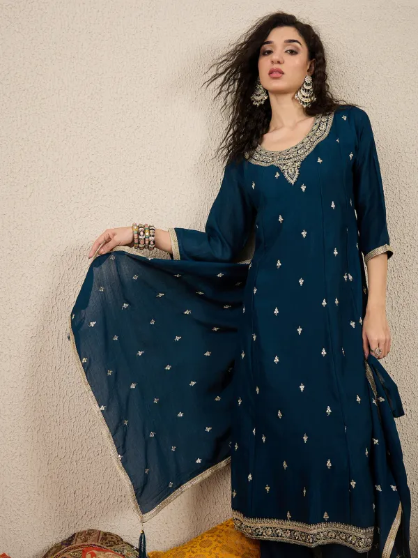 Floral_Embroidered_Silk_Blend_Round_Neck_Kurta_Trouser_&_Dupatta_Set
