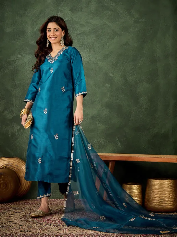Floral_Embroidered_Silk_V_Neck_Kurta_Trouser_And_Dupatta_Set