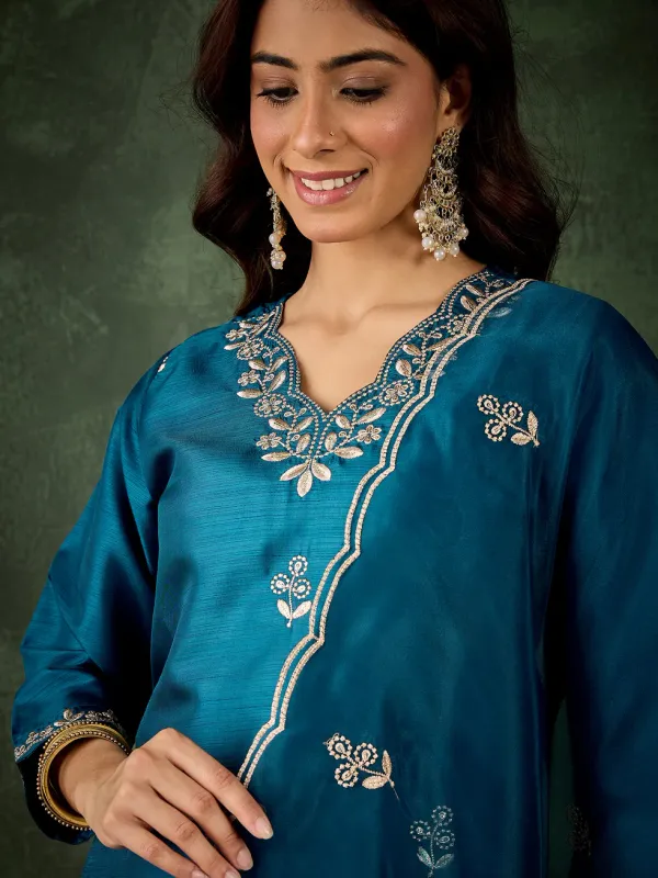 Floral_Embroidered_Silk_V_Neck_Kurta_Trouser_And_Dupatta_Set