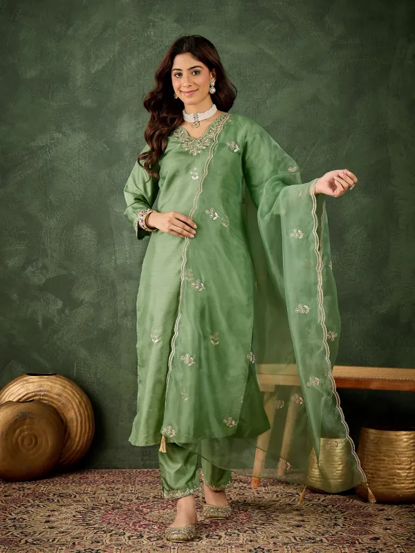 Floral_Embroidered_Silk_V_Neck_Kurta_Trouser_And_Dupatta_Set
