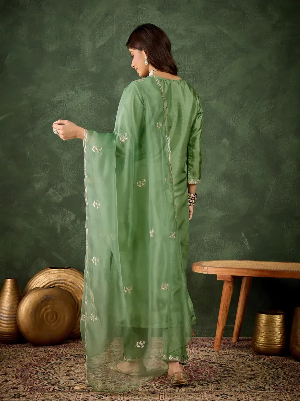 Floral_Embroidered_Silk_V_Neck_Kurta_Trouser_And_Dupatta_Set