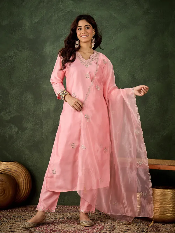 Floral_Embroidered_Silk_V_Neck_Kurta_Trouser_And_Dupatta_Set