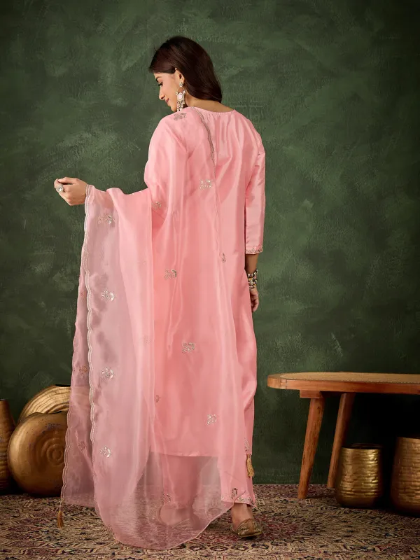 Floral_Embroidered_Silk_V_Neck_Kurta_Trouser_And_Dupatta_Set