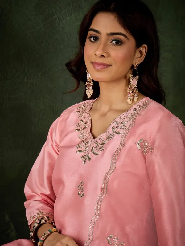 Floral_Embroidered_Silk_V_Neck_Kurta_Trouser_And_Dupatta_Set