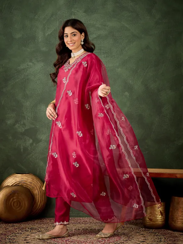Floral_Embroidered_Silk_V_Neck_Kurta_Trouser_And_Dupatta_Set