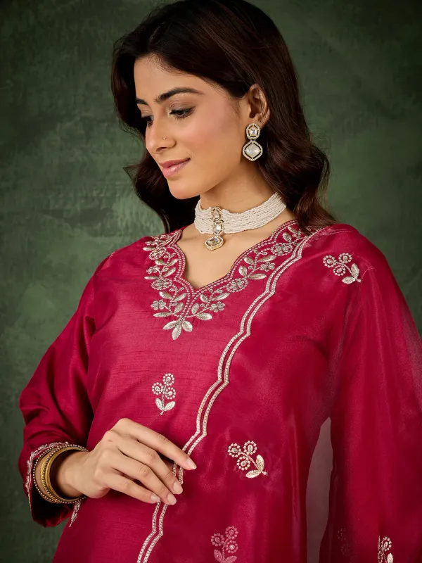 Floral_Embroidered_Silk_V_Neck_Kurta_Trouser_And_Dupatta_Set