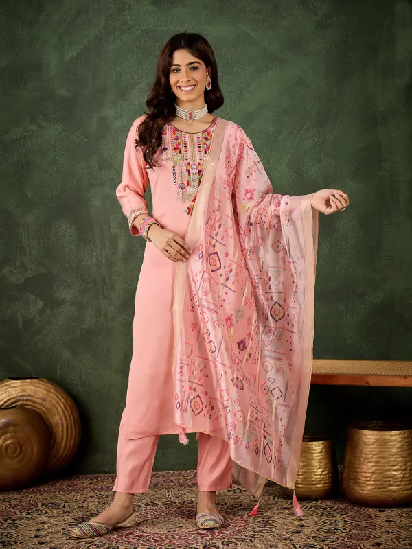 Floral_Embroidered_Silk_Round_Neck_Kurta_Trouser_And_Dupatta_Set