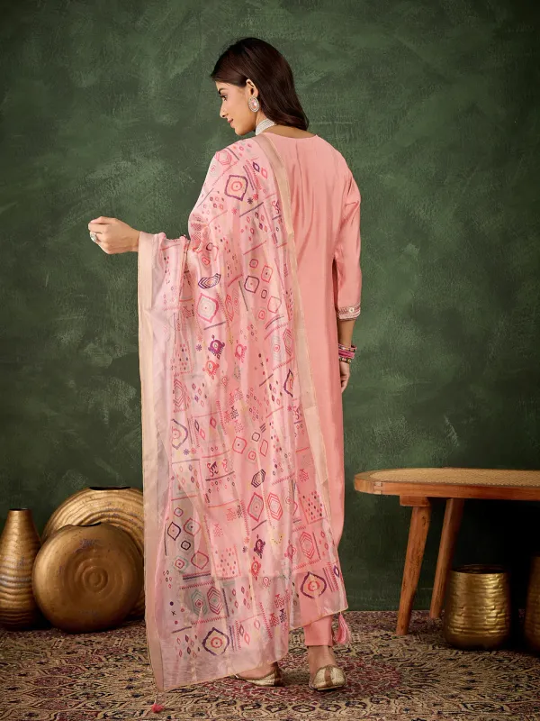 Floral_Embroidered_Silk_Round_Neck_Kurta_Trouser_And_Dupatta_Set