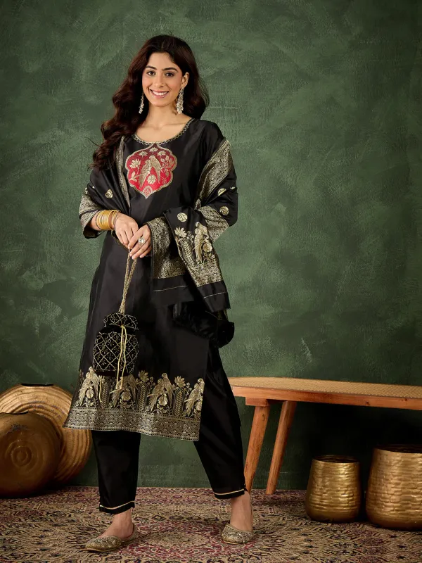 Floral_Embroidered_Silk_Round_Neck_Kurta_Trouser_And_Dupatta_Set