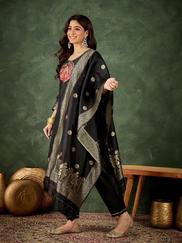 Floral_Embroidered_Silk_Round_Neck_Kurta_Trouser_And_Dupatta_Set