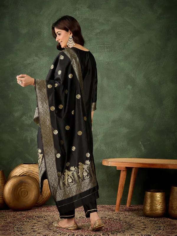 Floral_Embroidered_Silk_Round_Neck_Kurta_Trouser_And_Dupatta_Set