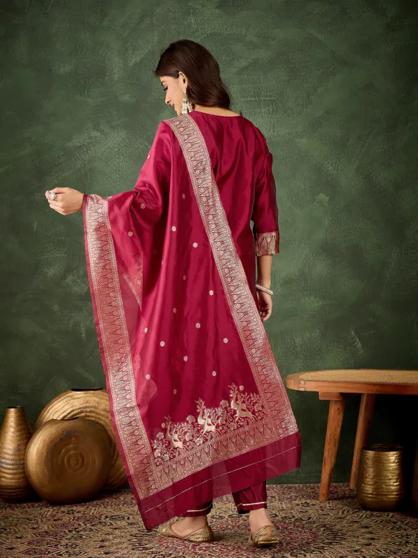 Floral_Embroidered_Silk_Round_Neck_Kurta_Trouser_And_Dupatta_Set
