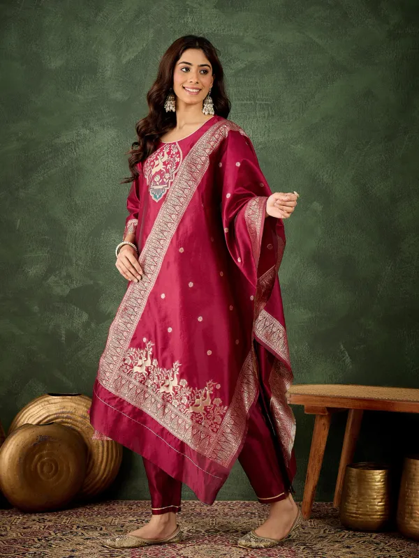 Floral_Embroidered_Silk_Round_Neck_Kurta_Trouser_And_Dupatta_Set