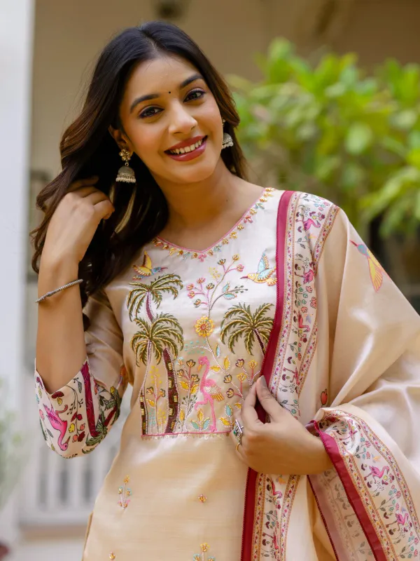 Floral_Embroidered_Silk_V_Neck_Kurta_Trouser_&_Dupatta_Set