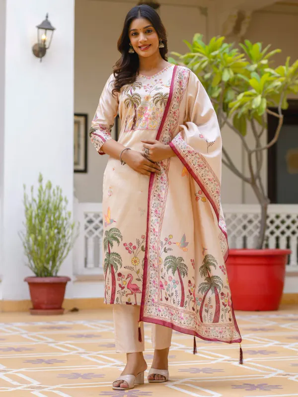 Floral_Embroidered_Silk_V_Neck_Kurta_Trouser_&_Dupatta_Set