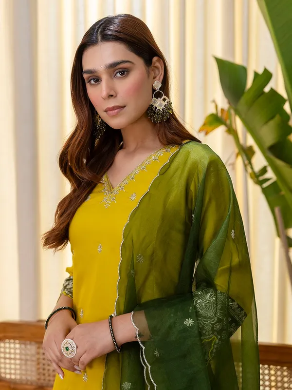 Women�s_A-Line_Brownie_Silk_Blend_Kurta_Pant_Set_with_Embroidered_Organza_Dupatta