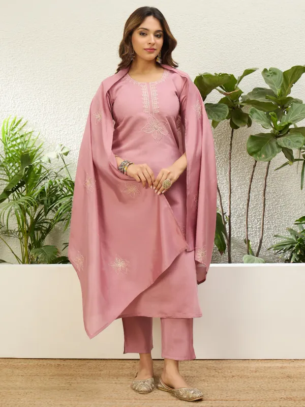 Floral_embroidered_silk_round_neck_Kurta_Trouser_&_Dupatta_Set