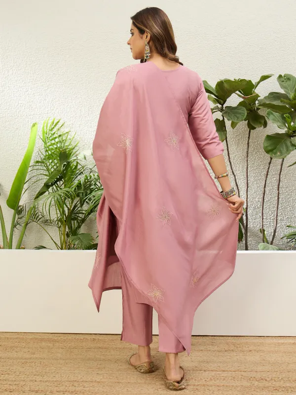 Floral_embroidered_silk_round_neck_Kurta_Trouser_&_Dupatta_Set