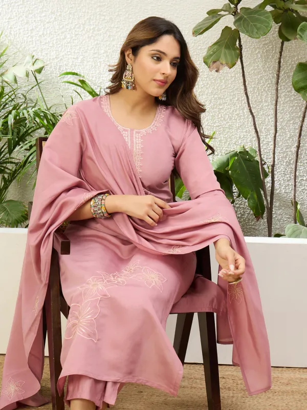 Floral_embroidered_silk_round_neck_Kurta_Trouser_&_Dupatta_Set