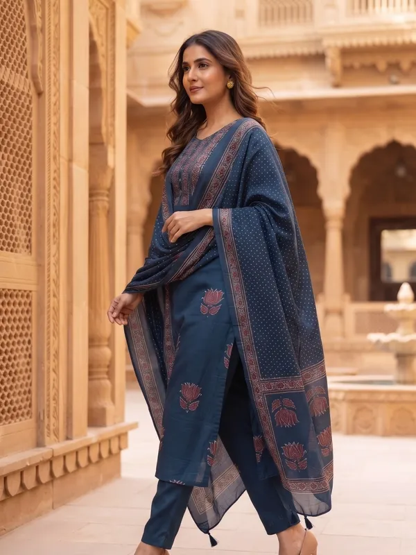 Floral_Printed_Pure_Cotton_V_Neck_Blue_Kurta_Trouser_&_Dupatta_Set