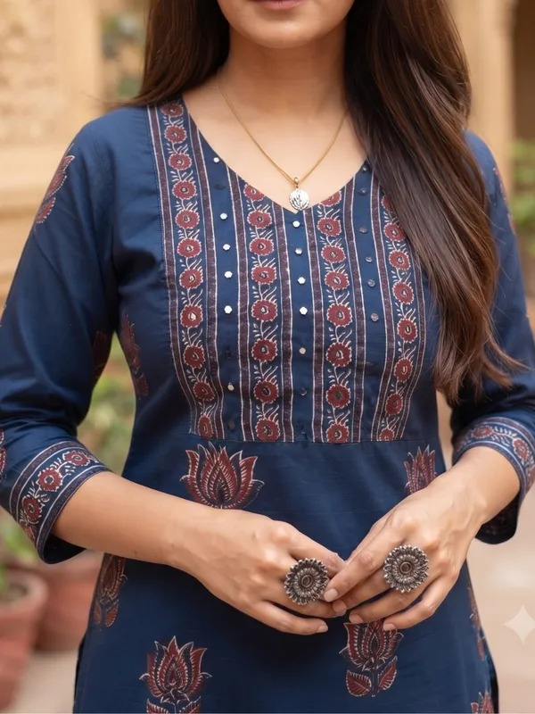 Floral_Printed_Pure_Cotton_V_Neck_Blue_Kurta_Trouser_&_Dupatta_Set